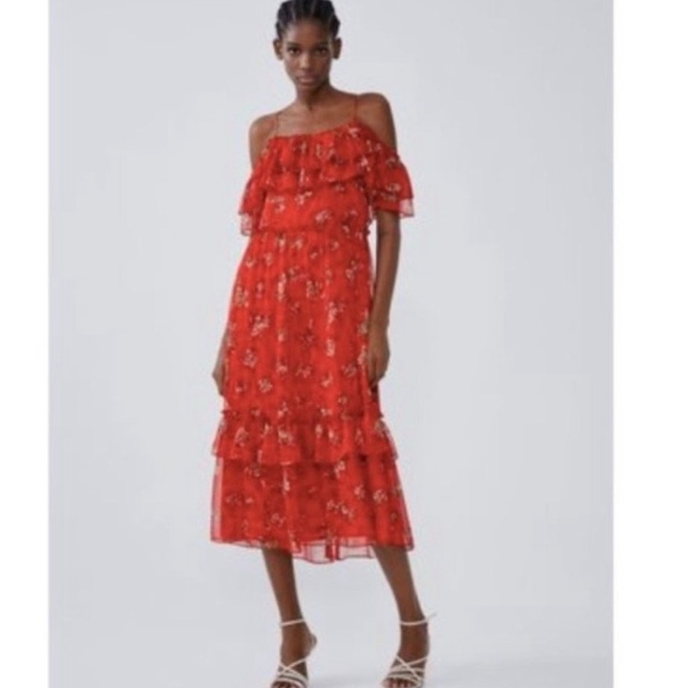 Zara Ruffled Off-Shoulder Warm Red Floral Crinkled Chiffon Tiered Midi Dress ZB3